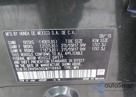 2016 Honda Hr-V Lx из США, поврежденный, VIN 3CZRU5H30GM716860